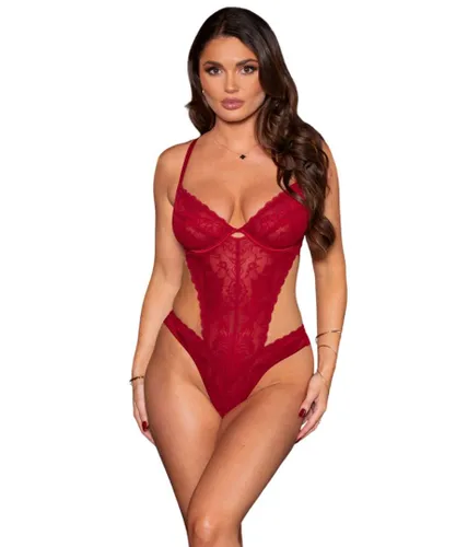 Pour Moi Womens 22808 For Your Eyes Only Underwired Crotchless Body - Red Elastane