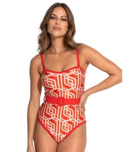 Pour Moi Womens 24406 Casablanca Removable Straps Belted Tummy Control Swimsuit - Orange Elastane