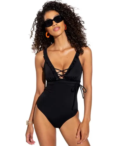 Pour Moi Womens 25602 Frill Lace Up Control Swimsuit - Black Elastane