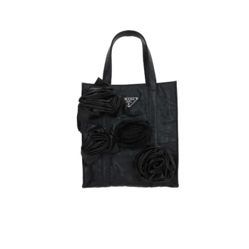 Prada , Antique Black Floral Tote Bag with Silver Hardware ,Black female, Sizes: ONE SIZE