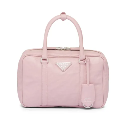 Prada , Antique Pink Leather Handbag with Enamel Triangle Logo ,Pink female, Sizes: ONE SIZE