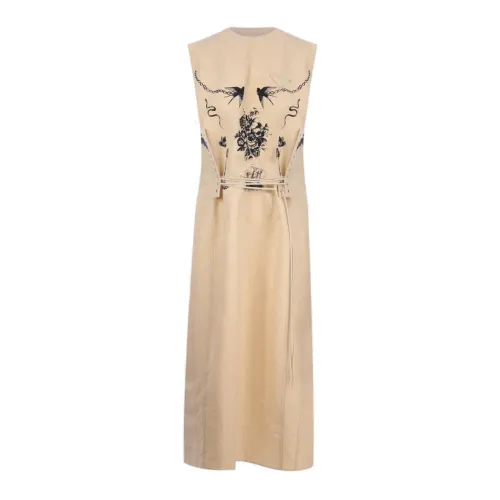 Prada , Beige Linen Midi Dress with Lace Detail ,Beige female, Sizes: