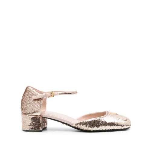 Prada , Beige Sequin Embroidered Heel Shoes ,Beige female, Sizes: