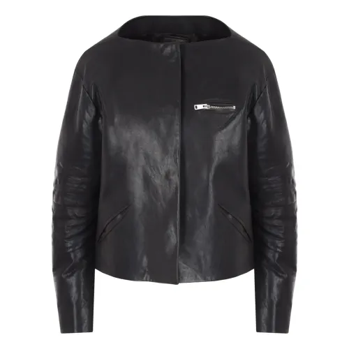 Prada , Black Leather Cropped Jacket with Boat Neck and Button Closure ,Black female, Sizes: