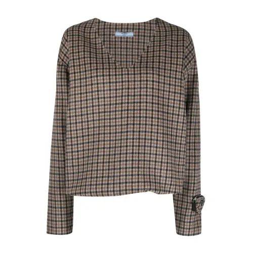 Prada , Brown Angora and Tartan Sweater with Triangle Pocket ,Brown female, Sizes: