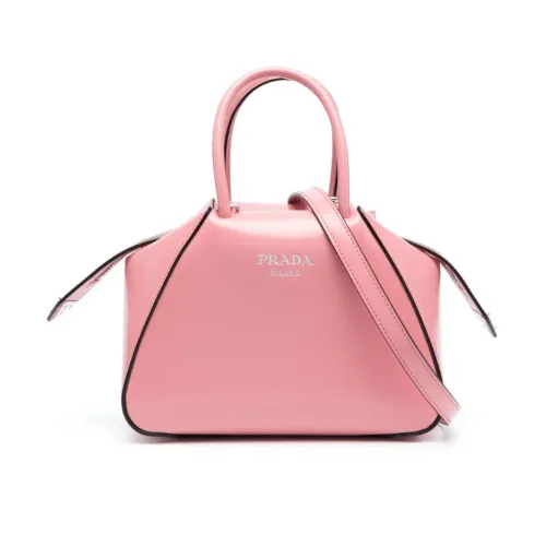 Prada , Brushed Leather Handbag with Contrast Trim ,Pink female, Sizes: ONE SIZE