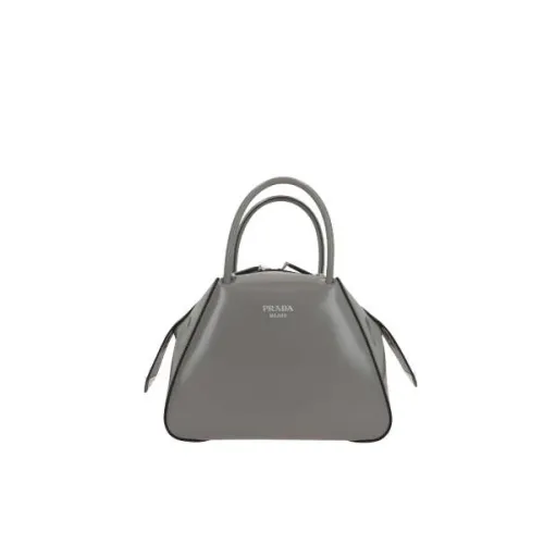 Prada , Gray Brushed Leather Handbag with Contrast Trim ,Gray female, Sizes: ONE SIZE