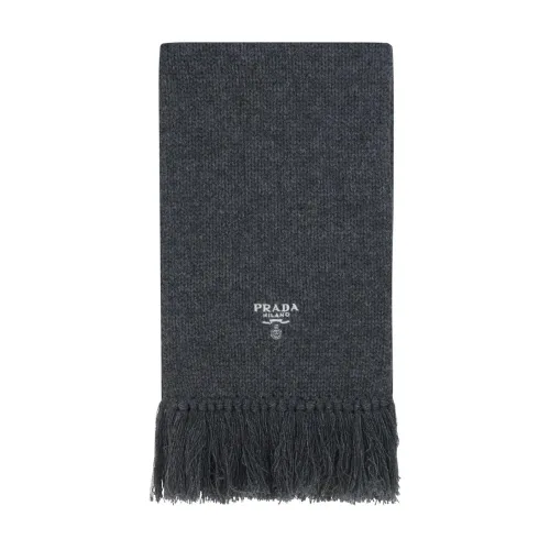 Prada , Gray Cashmere Scarf with Embroidered Logo ,Gray male, Sizes: ONE