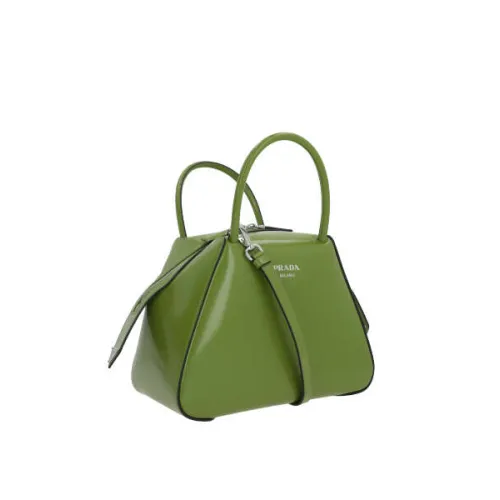 Prada , Green Brushed Leather Handbag with Contrast Trim ,Green female, Sizes: ONE SIZE
