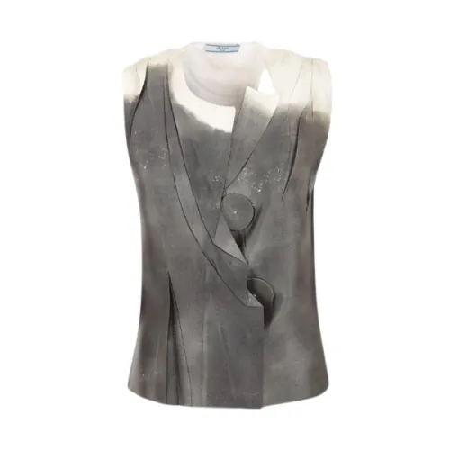 Prada , Grey Oversized Sleeveless Top with Serigraph Print ,Gray female, Sizes: