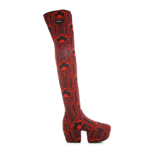 Prada , Jaquard Embroidered Over-knee Boots ,Red female, Sizes:
