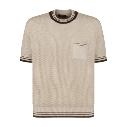 Prada , Knitted T-Shirt with Stripe Trim ,Beige male, Sizes: