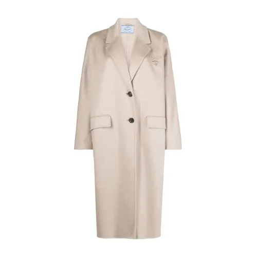 Prada , Light Beige Cashmere Coat with Logo Embroidery ,Beige female, Sizes: