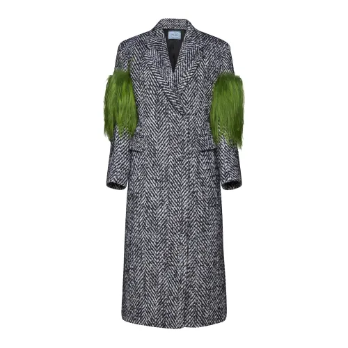 Prada , Luxurious Herringbone Wool Coat ,Gray female, Sizes:
