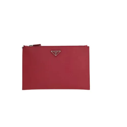 Prada , Red Saffiano Leather Clutch with Silver Hardware and Removable Wrist Strap ,Red male, Sizes: ONE SIZE