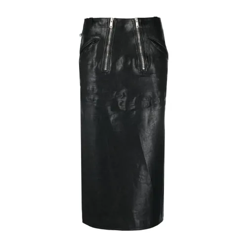 Prada , Vintage Black Leather Midi Skirt with Snap Button and Double Zipper ,Black female, Sizes: