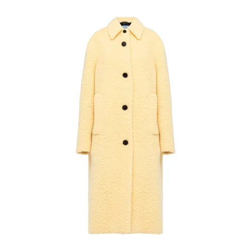 Prada , Yellow Wool Blend Coat with Pointed Collar and Button Closure ,Yellow female, Sizes: