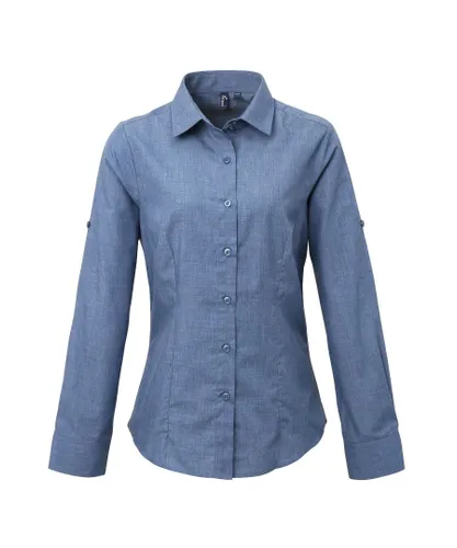 Premier Womens/Ladies Poplin Cross-Dye Roll Sleeve Long Shirt (Indigo Denim) - Indigo Blue