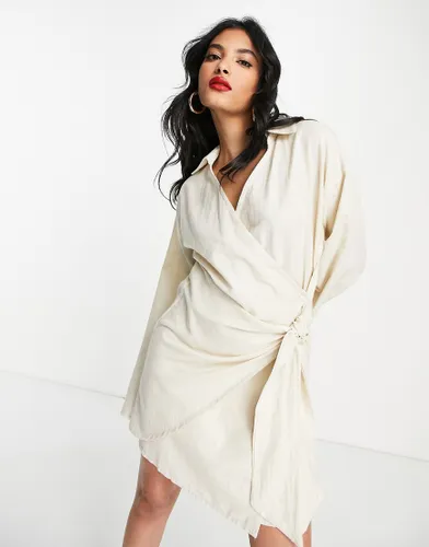 Pretty Lavish collared wrap mini dress in sand-Neutral