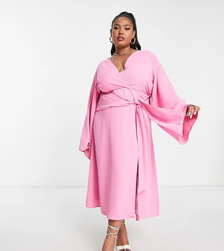 Pretty Lavish Curve knot front plunge midaxi dress in pink