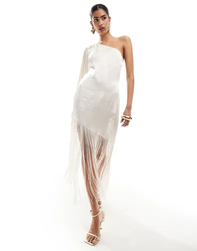 Pretty Lavish Hen one shoulder fringed midaxi dress in ivory-White