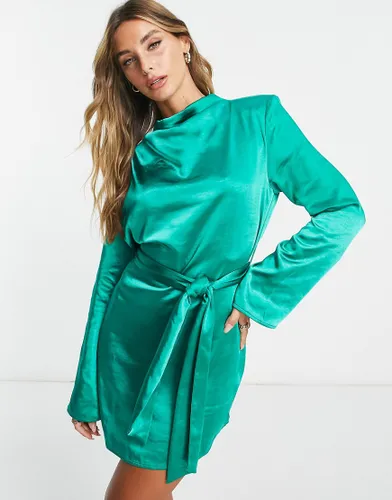 Pretty Lavish Jayda tie waist satin mini dress in emerald green