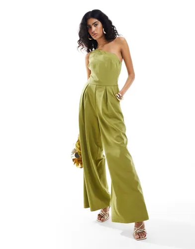 Pretty Lavish one shoulder jumpsuit with pockets in olive-White