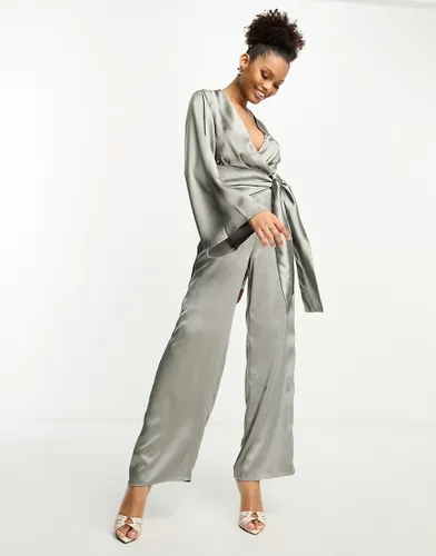Pretty Lavish tie front jumpsuit with pockets in slate grey