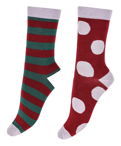 Pretty Polly Womens Large Stripe & Spot Bamboo Socks 2 Pair Pack - Red Mix - One