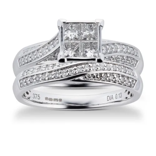 Princess And Brilliant Cut 0.76 Carat Total Weight Diamond Bridal Set In 9 Carat White Gold - Ring Size I