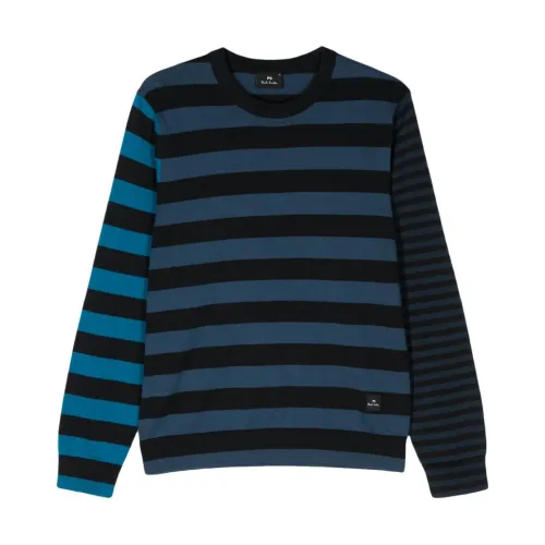 PS By Paul Smith , Blue Striped Sweater with Appliqué Logo ,Blue male, Sizes: