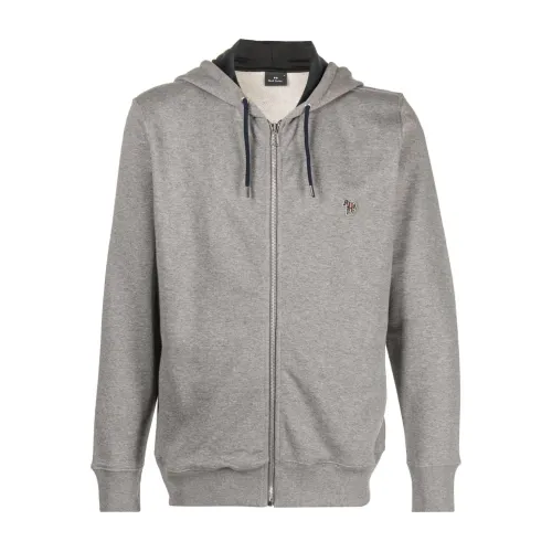PS By Paul Smith , Grey Sweater with Logo Patch and Drawstring Hood ,Gray male, Sizes: