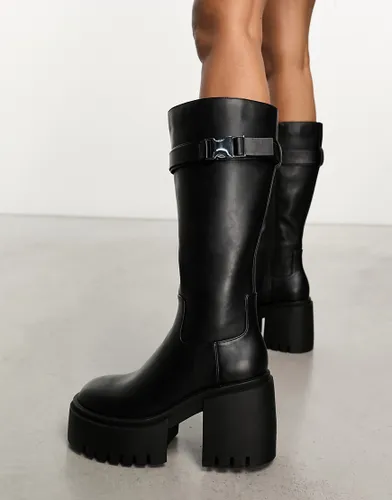 Public Desire Alaska chunky buckle knee boots in black