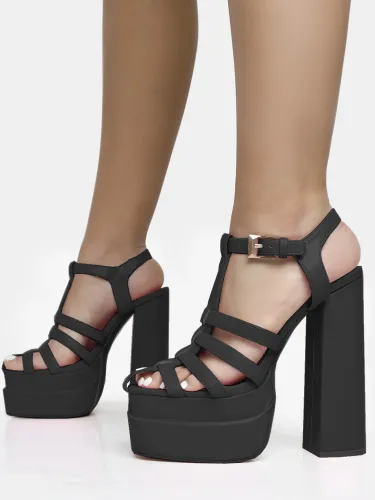 Public Desire Black Denver Woven Double Platform Sandal Heels