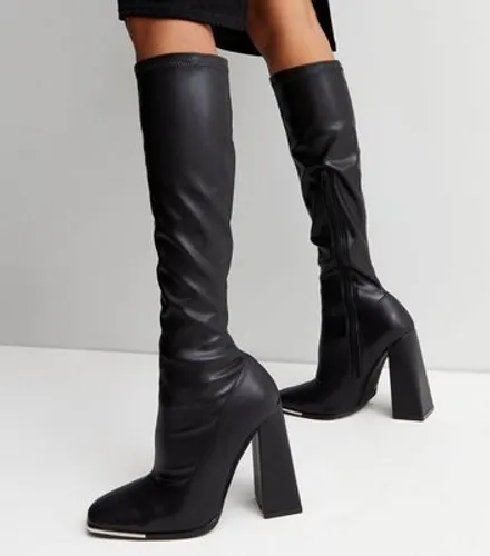 Public Desire Black Leather-Look Block Heel High Leg Boots New Look