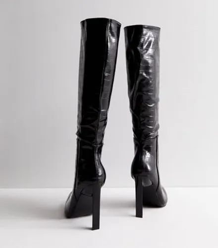 Public Desire Black Leather-Look Knee High Heeled Boots New Look