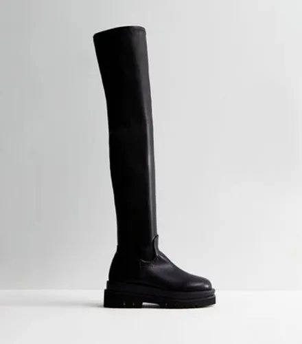 Public Desire Black Leather-Look Stretch Thigh High Boots New Look