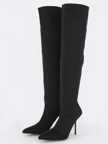 Public Desire Black Vivienne Lycra Stiletto Thigh High Boots