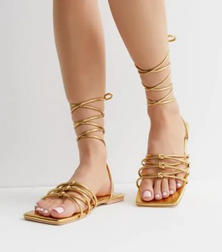 Public Desire Gold Tie Strap Square Toe Flat Sandals New Look