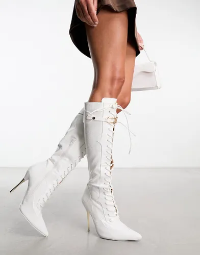 Public Desire Infatuated lace front knee boots in white