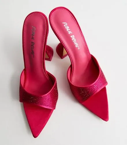 Public Desire Mid Pink Satin Diamanté Heel Mules New Look