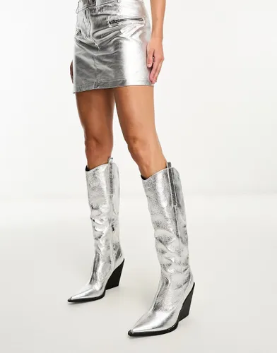 Public Desire Navada western knee boot in textured silver