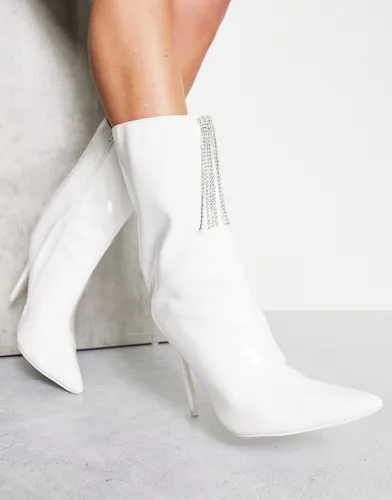 Public Desire Quince high ankle boots with embellished front in white patent