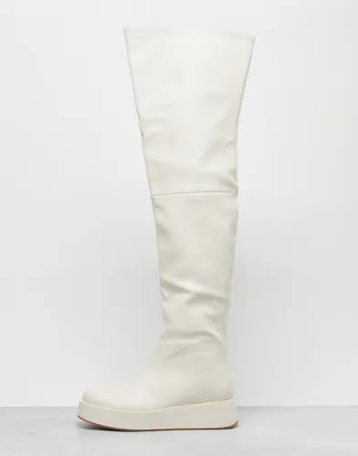 Public Desire Rosie flat over the knee boots in cream-White