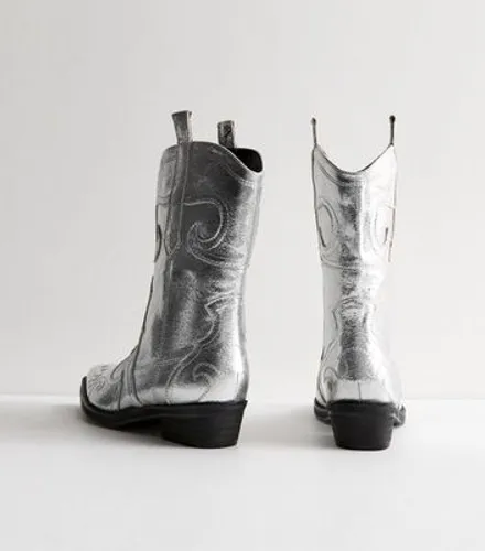 Public Desire Silver Leather-Look Cowboy Boots New Look