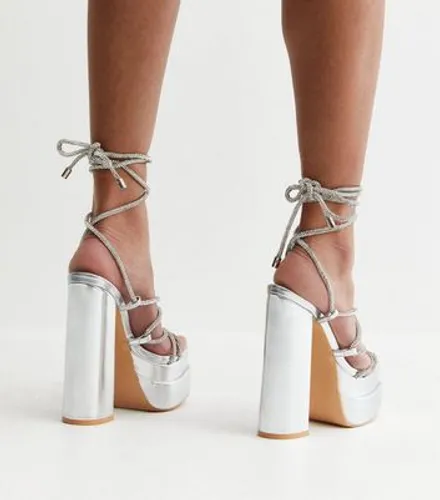 Public Desire Silver Metallic Diamanté Strappy Platform Block Heel Sandals New Look