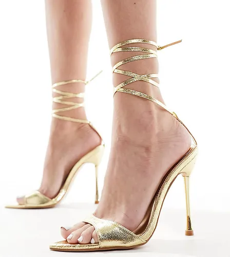 Public Desire Wide Fit Ronnie pointed heeled sandal with ankle tie in gold