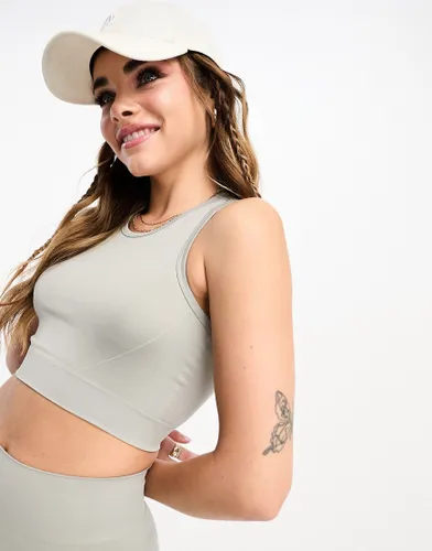 Pull & Bear seamless racer neck cropped top co-ord in grey