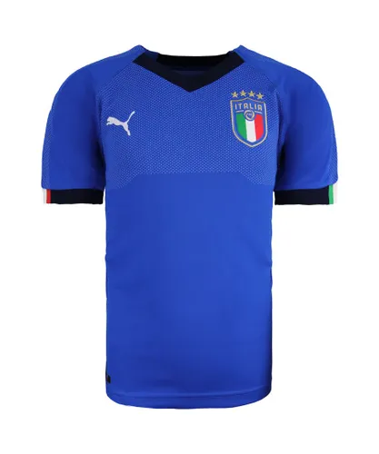 Puma Childrens Unisex FIGC Italia Home Shirt Short Sleeve V-Neck Blue Kids Top 752284 01 Textile