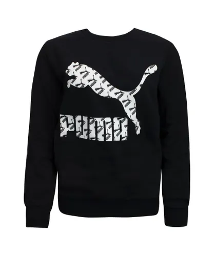 Puma Logo Crew Fill Sweatshirt Graphic Jumper Black - Mens Cotton
